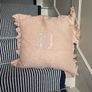 New bespoke 100% linen frill French monogram D cushion in blush with feather insert Image 2