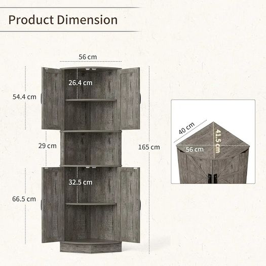 165cm Tall Corner Storage Cabinet with Barn Doors, 5-Tier Farmhouse Corner Cabinet for Living Room, 4 Wooden Doors and 5 Shelves, Space Saving Freestanding Sideboard for Home, Kitchen,Gray
