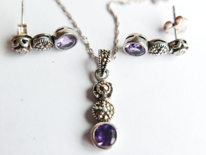 Vintage 925 Sterling Silver Amethyst and Marcasite Necklace and Earring Set