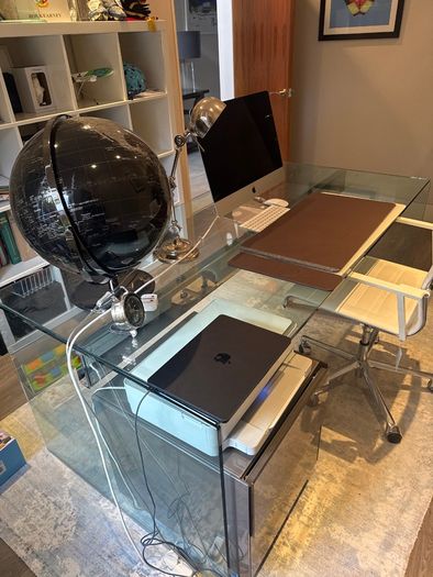 Modern glass desk with integrated drawer unit