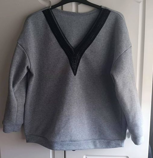 Grey Sweatshirt with Lace V-neck