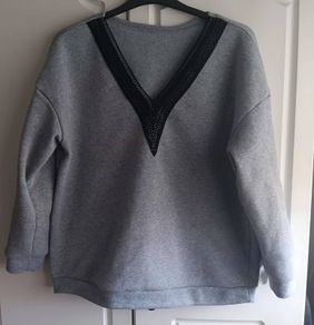 Grey Sweatshirt with Lace V-neck