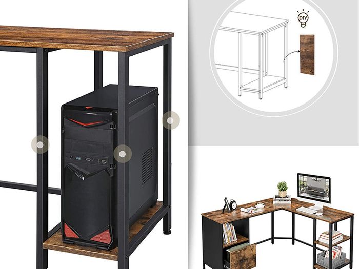 _Computer Desk, L-Shaped Office Table with Cabinet and Hanging Files, 2 Shelves, Home Office, Space-Saving, Easy Assembly, Industrial Design, Vintage Brown/Black