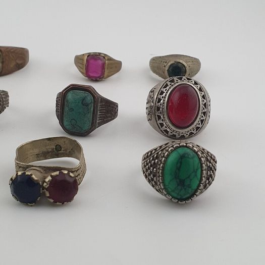 Antique Ring Lot 15 Mixed Brass, Stone & Glass Rings