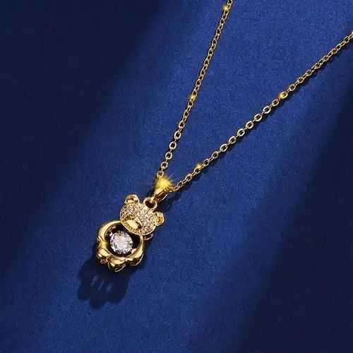 Cute Bear Beaded Necklace Gold Tone