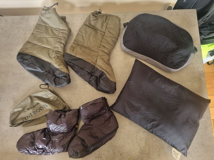 camping pillows and insulating boots