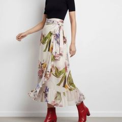 Ganni Floral Wrap Midi Skirt Sz 8UK 4US S Mesh Ruffle Bow Pastel Flowy
