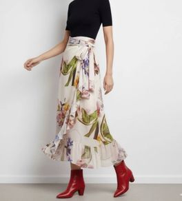 Ganni Floral Wrap Midi Skirt Sz 8UK 4US S Mesh Ruffle Bow Pastel Flowy