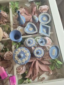 Wedgwood blue jasperware vanity set. 11 pieces