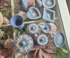 Wedgwood blue jasperware vanity set. 11 pieces