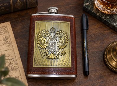 CCCP Style Stainless Steel Hip Flask -Leather /Metal Detail