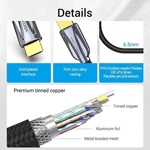 VENTION 3M Premium HDMI 2.1 UHD/3D 8K (7680x4320@60Hz) 48Gbps Luxury Model (Zinc Alloy/Cotton Braided/Gold Plated) Cable (Brand New/Warranty)