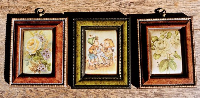 Three Exquisite Miniature Floral Silk Art in Ornate Wooden Frames