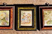 Three Exquisite Miniature Floral Silk Art in Ornate Wooden Frames