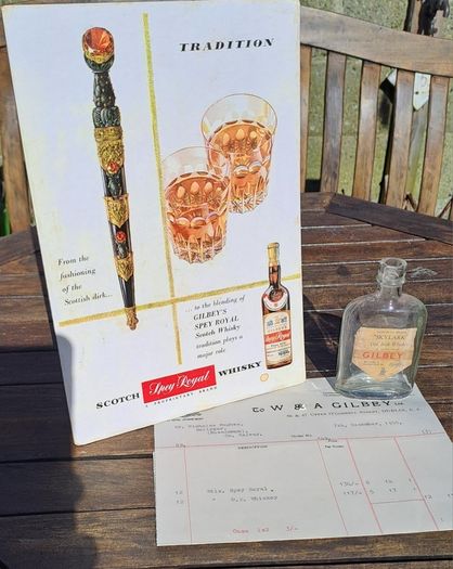 Gilbeys Spey Royal Scotch Whiskey Bottle, Showcard & Invoice