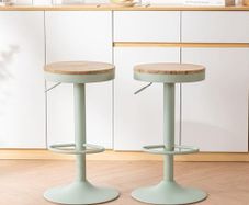 Bar Stools, Solid Wood Counter Height Barstools Set of 2, Vintage High Adjustable 360 Swivel Metal Bar Chairs, Breakfast Kitchen Stools, Mint Green