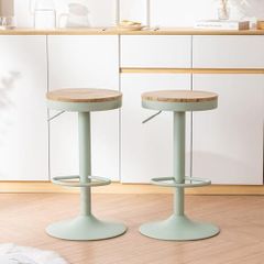 Bar Stools, Solid Wood Counter Height Barstools Set of 2, Vintage High Adjustable 360 Swivel Metal Bar Chairs, Breakfast Kitchen Stools, Mint Green