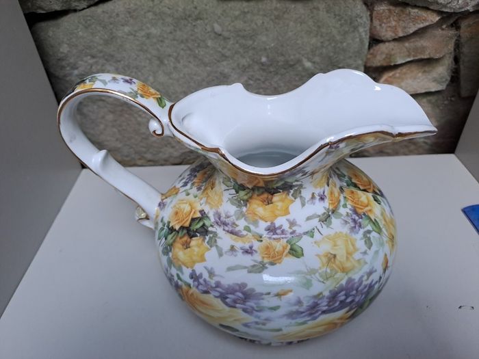 Vintage yellow roses and purple flowers jug