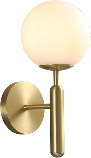 Milky Glass Globe Wall Lamp Brushed Brass Wall Light for Indoor Bedroom Bathroom Living Room Hallway, Modern Wall Mount Light Fixture for Bedside Living Room