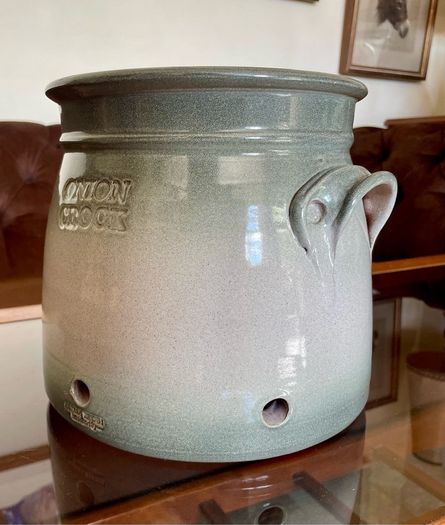 Handcrafted Kiltrea Bridge Pottery Stoneware Onion Crock Smooth Sage Green Glaze Embossed Onion Crock