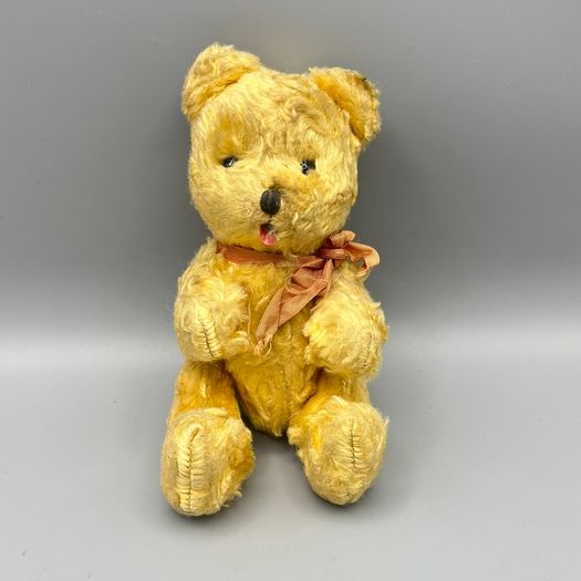 Vintage Teddy Bear - Jointed - Glass Eyes with Ribbon - 14cm