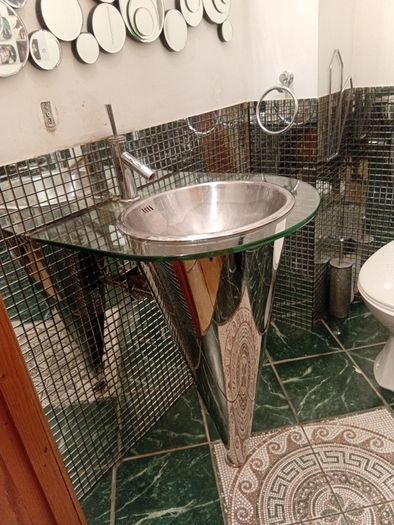 Silver, high level toilet cistern,downpipe and bowl