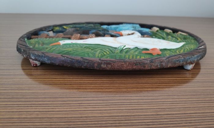 Vintage French cast iron hand painted geese trivet