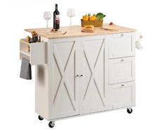 FREE SHIPPING VEVOR 2-Door 1/2 3-Drawer White Mobile Kitchen Island Rubber Wood Desktop Rolling Kitchen Cart with Wheels for Home Bar Storage