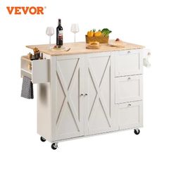 FREE SHIPPING VEVOR 2-Door 1/2 3-Drawer White Mobile Kitchen Island Rubber Wood Desktop Rolling Kitchen Cart with Wheels for Home Bar Storage
