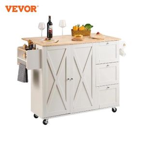 FREE SHIPPING VEVOR 2-Door 1/2 3-Drawer White Mobile Kitchen Island Rubber Wood Desktop Rolling Kitchen Cart with Wheels for Home Bar Storage