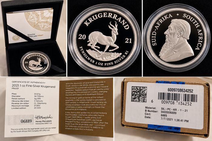 2021 South Africa 1 Rand 1 oz Silver Coin - Krugerrand . Proof.