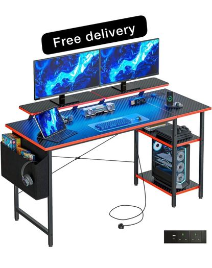 Gaming Desk with LED Lights & Power Outlets, Reversible