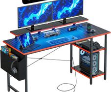 Gaming Desk with LED Lights & Power Outlets, Reversible