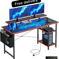 Gaming Desk with LED Lights & Power Outlets, Reversible