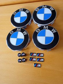 Brand New BMW Wheel Center Caps x4 + Msports Wheel Sticker's x5 + Msports Black Metal Dust Caps x4