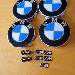 Brand New BMW Wheel Center Caps x4 + Msports Wheel Sticker's x5 + Msports Black Metal Dust Caps x4