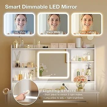 Vanity Desk with Movable LED Mirror and 8 Drawers, Dressing Table with Built-in USB Power Outlets & RGB Light Strip Vanity Table with 4-Layer Adjustable Shelves, White Makeup Desk 110x40x137cm