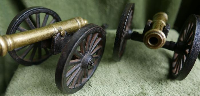 Vintage Brass and Cast Iron Cannons - Moving Wheels - Adjustable Mini Cannon - Set of 2