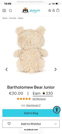 New JELLYCAT Bartholomew Bear Junior