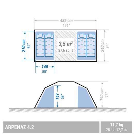 Quechua 4-person, 2-bedroom camping tent, Arpenaz 4.2