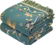 100% Organic Cotton Sofa Large Bed Throw Blanket-150x200cm, Bohemian Double-sided Soft Skin-friendly Throw for Single 2 3 Seater Settees Armchair Couch and Bedspread.Teal/Green