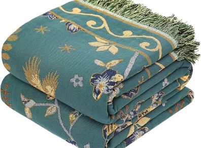 100% Organic Cotton Sofa Large Bed Throw Blanket-150x200cm, Bohemian Double-sided Soft Skin-friendly Throw for Single 2 3 Seater Settees Armchair Couch and Bedspread.Teal/Green