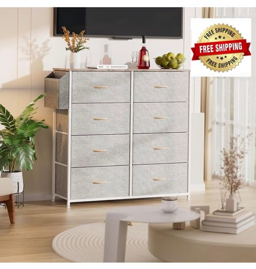 Fabric Chest of Drawers - Canvas Storage Unit with 8 Large Drawers Label Cards, Side Pocket & Hook for Living Room, Hallway, Bedroom