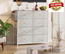 Fabric Chest of Drawers - Canvas Storage Unit with 8 Large Drawers Label Cards, Side Pocket & Hook for Living Room, Hallway, Bedroom