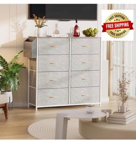 Fabric Chest of Drawers - Canvas Storage Unit with 8 Large Drawers Label Cards, Side Pocket & Hook for Living Room, Hallway, Bedroom