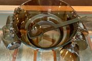 Vereco France Punch Set Amber Smoked Glass Matching Ladle 8 Cups with Handles &amp; Hooks 1970s