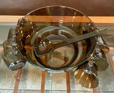 Vereco France Punch Set Amber Smoked Glass Matching Ladle 8 Cups with Handles & Hooks 1970s