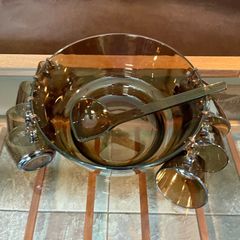 Vereco France Punch Set Amber Smoked Glass Matching Ladle 8 Cups with Handles & Hooks 1970s