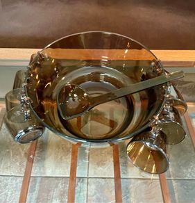 Vereco France Punch Set Amber Smoked Glass Matching Ladle 8 Cups with Handles & Hooks 1970s