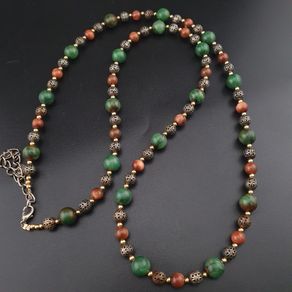 Vintage Jade & Tiger Eyes Stones Beads & Old Brass Beads Necklace